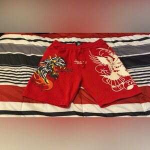 Ed Hardy Red Men’s Athletic Shorts with Tiger & Eagle Graphics